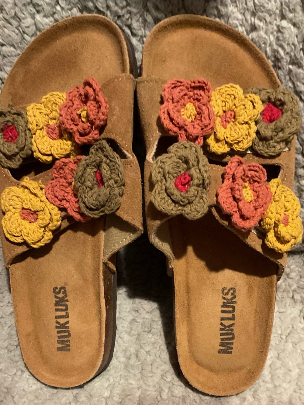 Muk Luks Women's Brown Suede Slide Sandals with Crochet Flowers